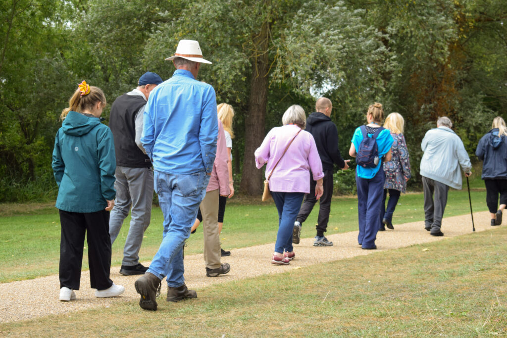 Group of people walking away from camera along a grassy path